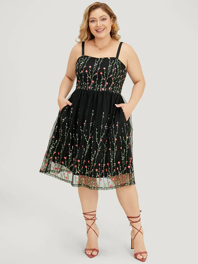 Floral Embroidered Mesh Ruffle Hem Pocket Cami Dress sold by Bloomchic product image thumbnail 2