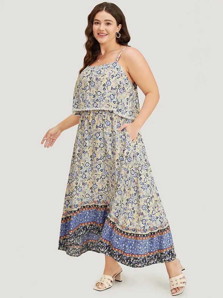 Bandana Spaghetti Strap Pompom Trim Pocket Ruffles Maxi Dress sold by Bloomchic product image thumbnail 3