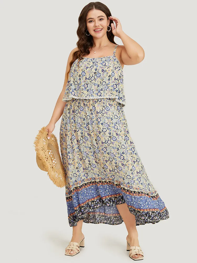 Bandana Spaghetti Strap Pompom Trim Pocket Ruffles Maxi Dress sold by Bloomchic