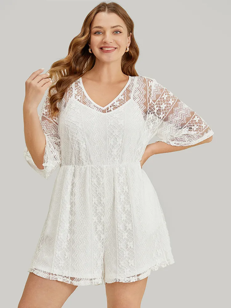 Contrast Lace Pocket V Neck Romper sold by Bloomchic