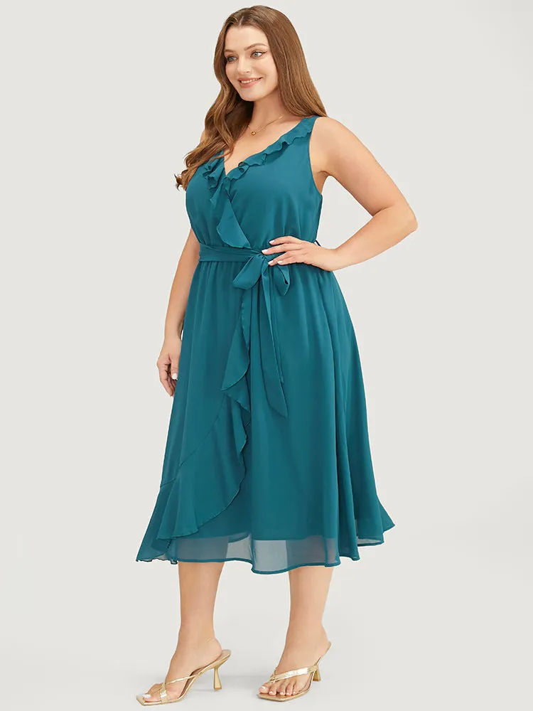 Plain Belted Pocket Ruffle Trim Surplice Neck Cami Dress sold by Bloomchic product image thumbnail 4