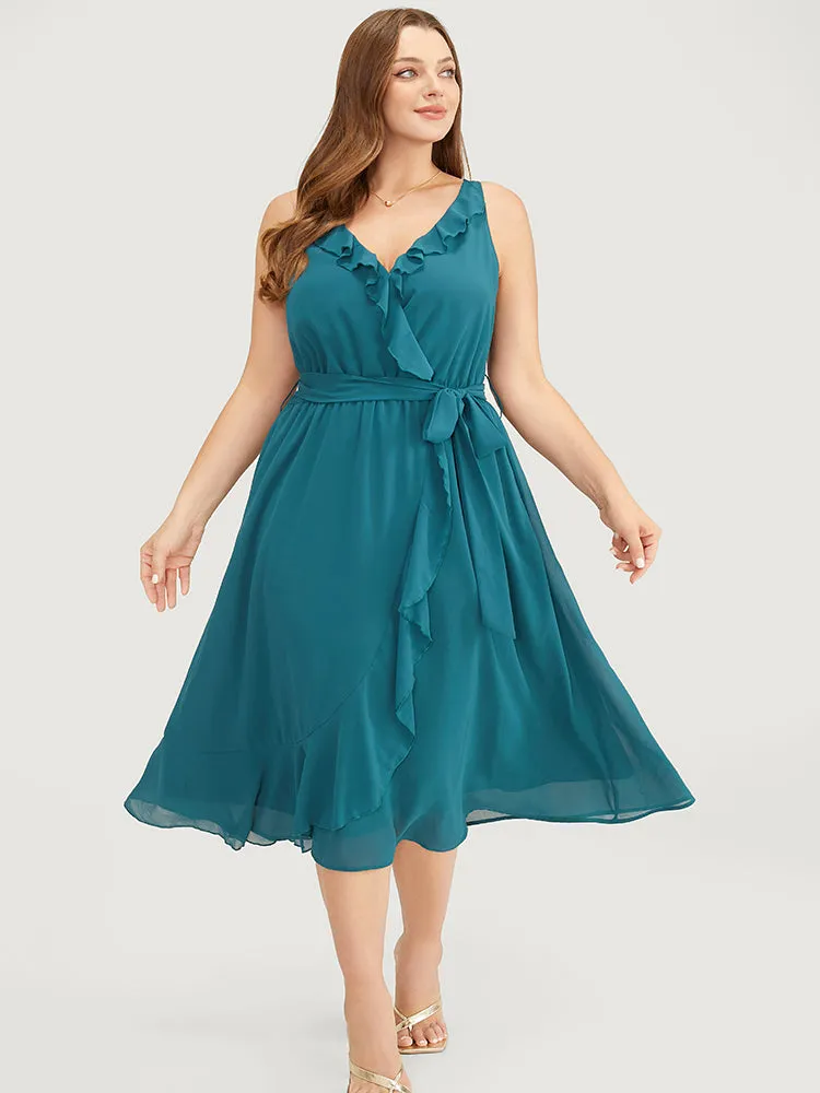 Plain Belted Pocket Ruffle Trim Surplice Neck Cami Dress sold by Bloomchic product image thumbnail 5