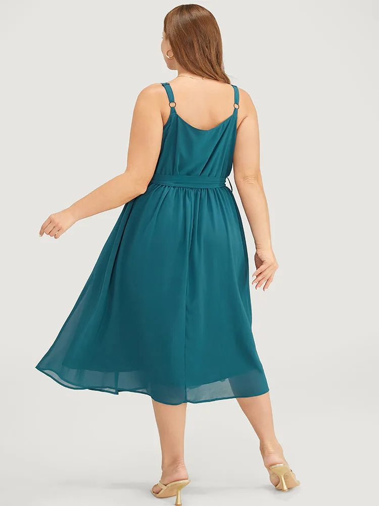 Plain Belted Pocket Ruffle Trim Surplice Neck Cami Dress sold by Bloomchic product image thumbnail 2