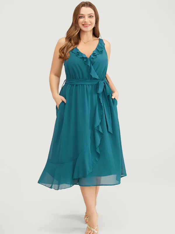 Plain Belted Pocket Ruffle Trim Surplice Neck Cami Dress sold by Bloomchic