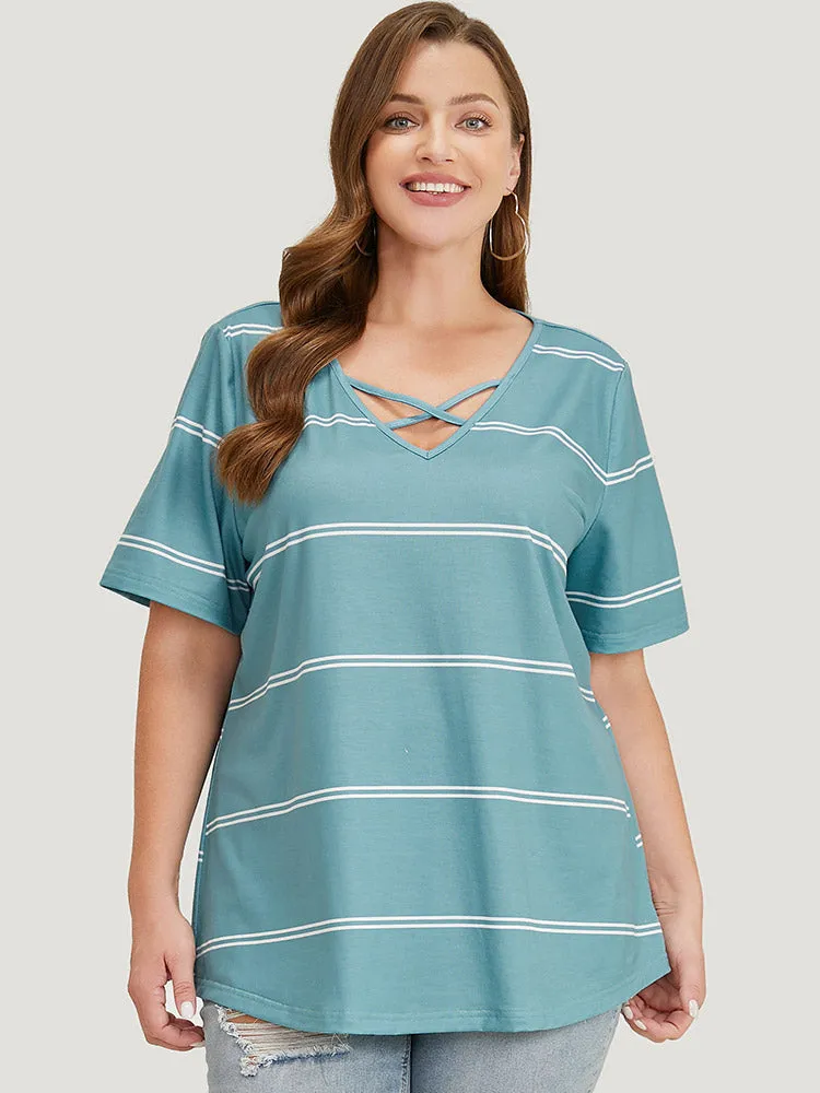 Striped Print Crisscross V Neck T-shirt sold by Bloomchic product image thumbnail 2