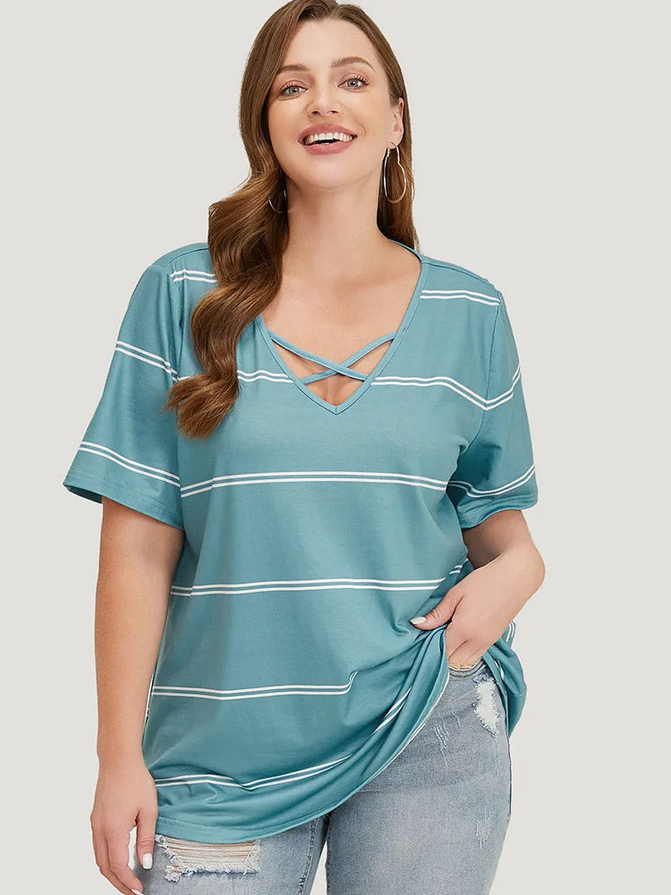 Striped Print Crisscross V Neck T-shirt sold by Bloomchic