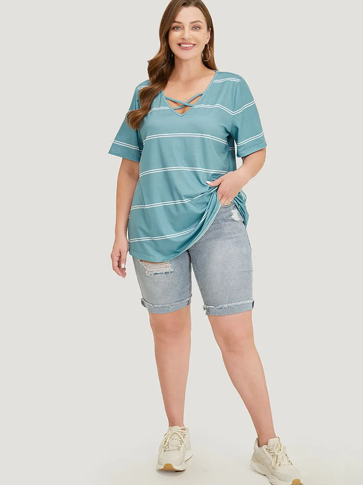 Striped Print Crisscross V Neck T-shirt sold by Bloomchic product image thumbnail 4