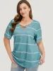 Striped Print Crisscross V Neck T-shirt sold by Bloomchic