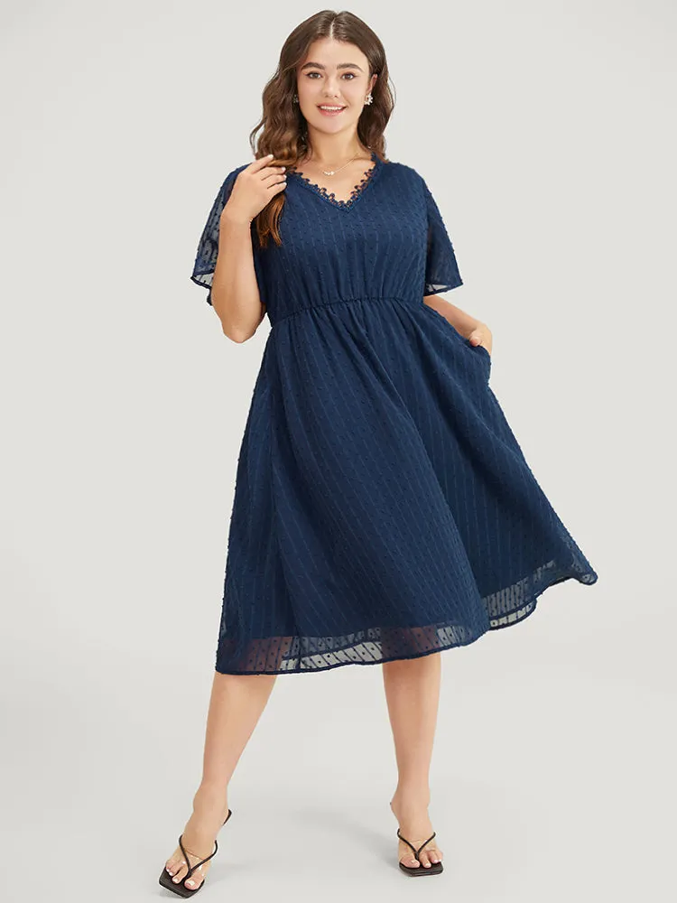Polka Dot Mesh Ruffle Sleeve Lace Trim Pocket Belted Dress sold by Bloomchic product image thumbnail 2