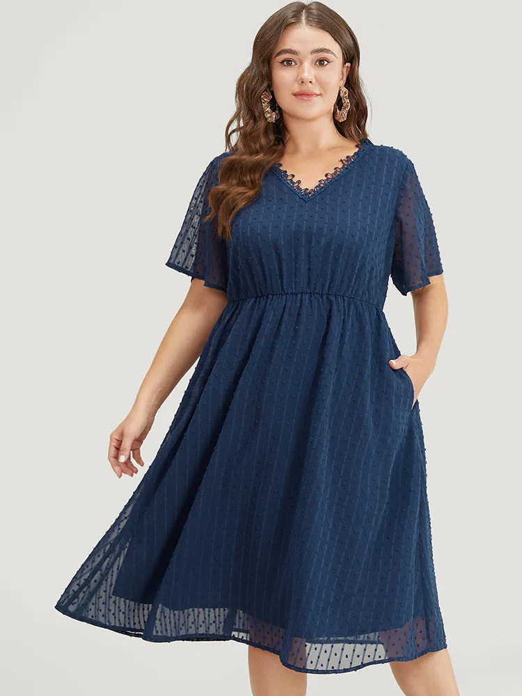 Polka Dot Mesh Ruffle Sleeve Lace Trim Pocket Belted Dress sold by Bloomchic