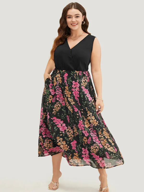 Floral Patchwork Pocket Flutter Hem Wrap Tank Dress sold by Bloomchic