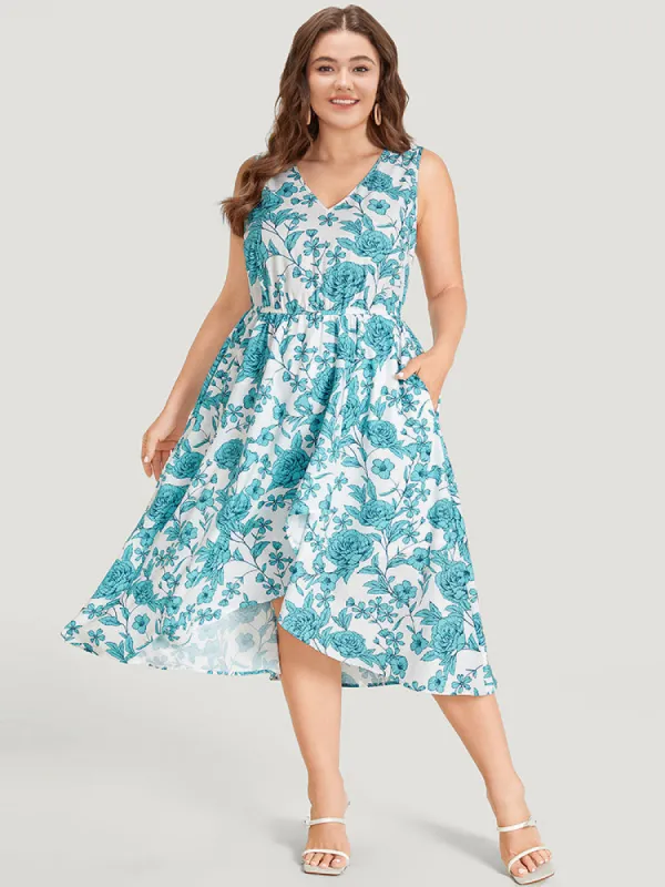 Floral Print Pocket V Neck Asymmetrical Hem Tank Dress sold by Bloomchic