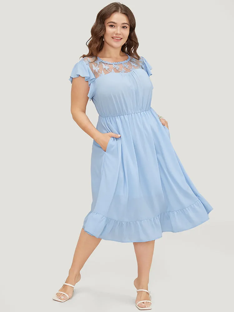 Plain Butterfly Lace Cap Sleeve Pocket Ruffle Hem Dress sold by Bloomchic product image thumbnail 3