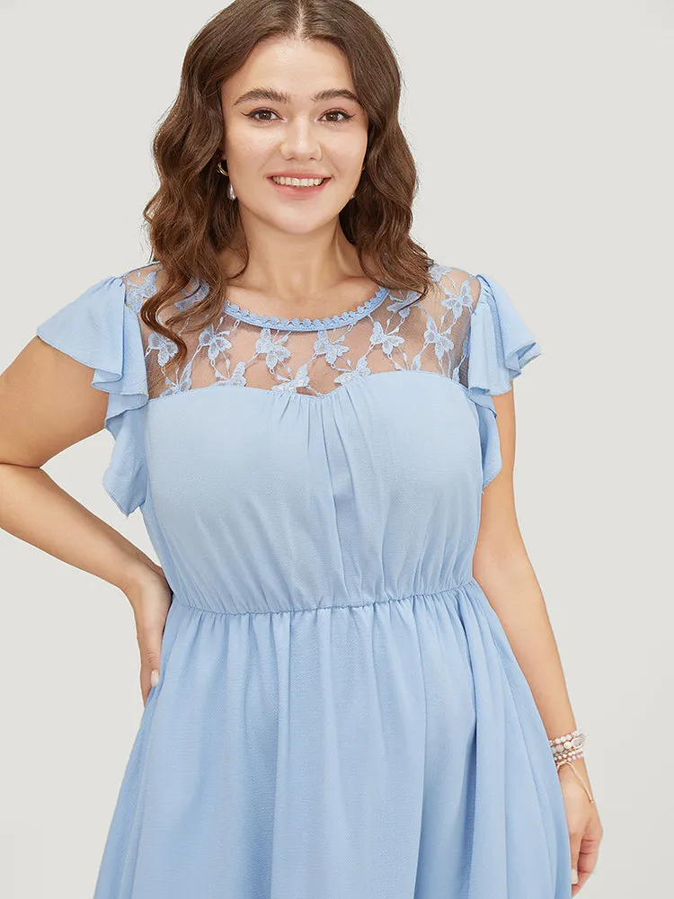 Plain Butterfly Lace Cap Sleeve Pocket Ruffle Hem Dress sold by Bloomchic product image thumbnail 5