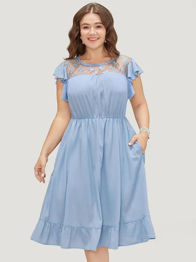 Plain Butterfly Lace Cap Sleeve Pocket Ruffle Hem Dress sold by Bloomchic