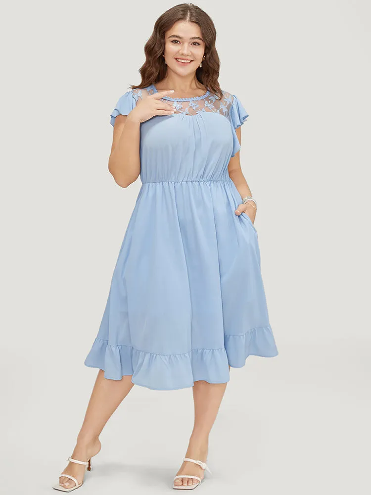 Plain Butterfly Lace Cap Sleeve Pocket Ruffle Hem Dress sold by Bloomchic product image thumbnail 2