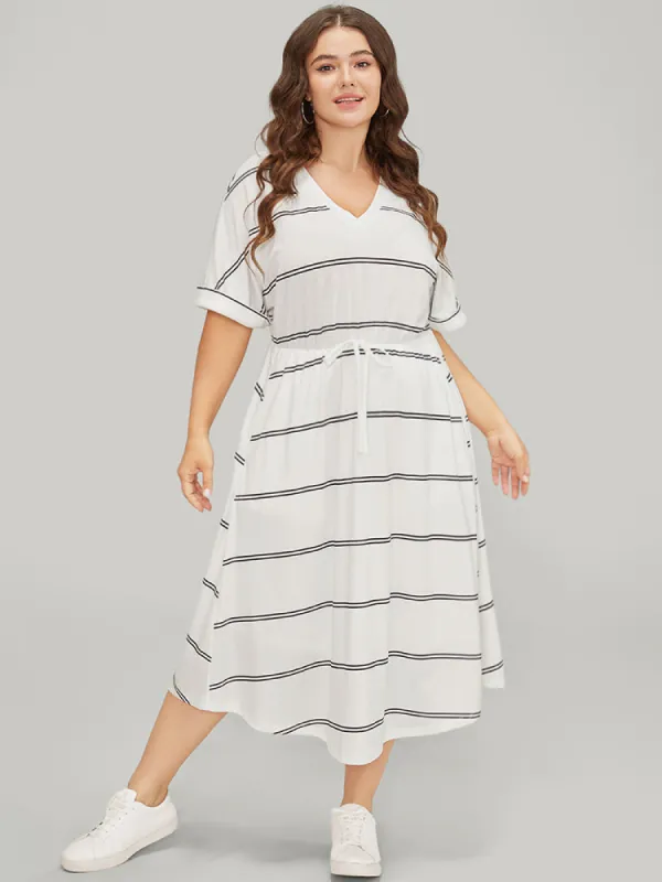 Striped Print Roll Batwing Sleeve Pocket Knot Dress sold by Bloomchic