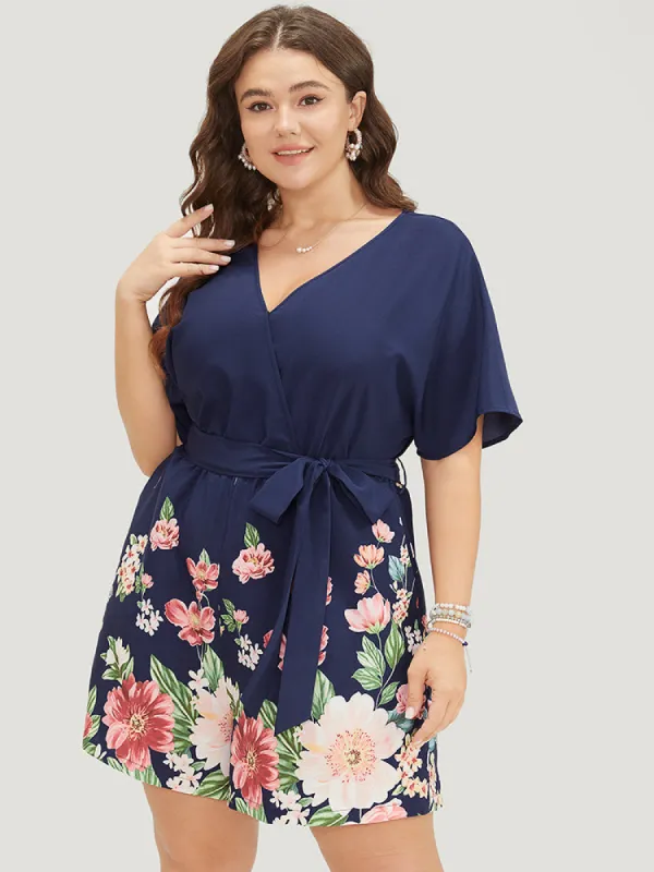 Floral Pocket Batwing Sleeve Surplice Neck Romper sold by Bloomchic