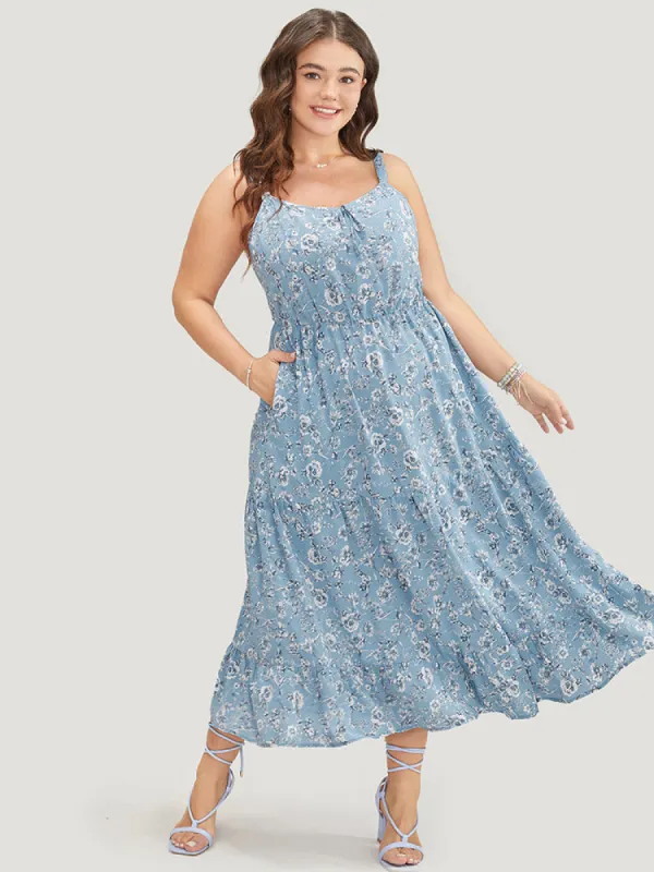 Floral Adjustable Straps Pocket Flutter Hem Knotted Cami Dress sold by Bloomchic
