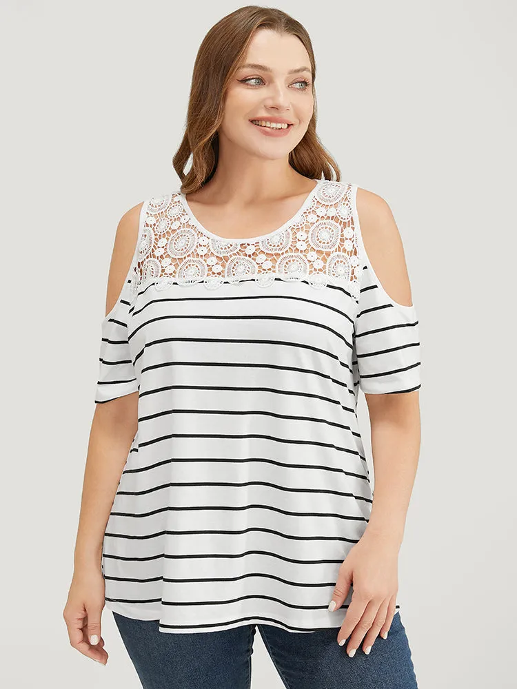 Striped Print Lace Cold Shoulder T-shirt sold by Bloomchic