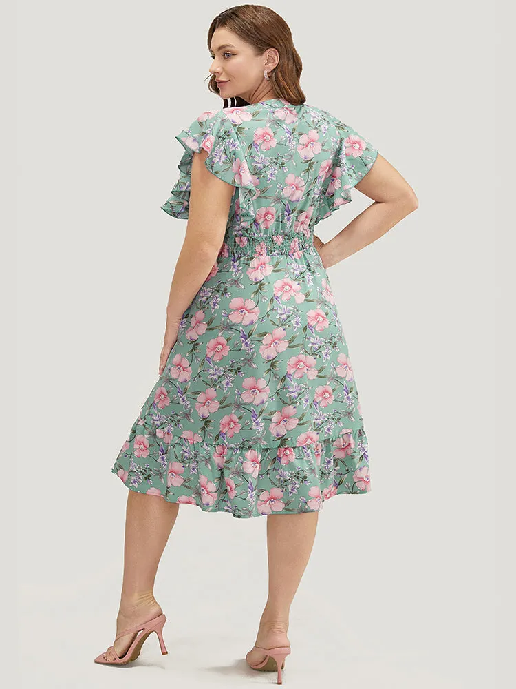 Floral Pleated Shirred Notched Pocket Ruffle Trim Shirred Dress sold by Bloomchic product image thumbnail 5