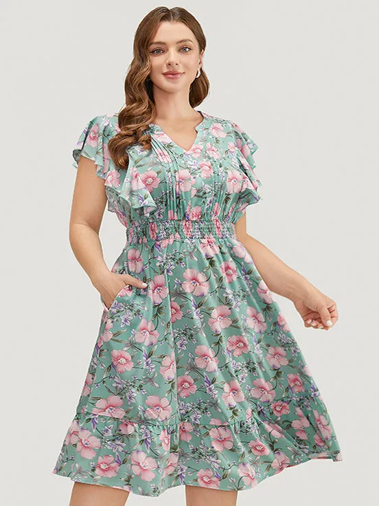 Floral Pleated Shirred Notched Pocket Ruffle Trim Shirred Dress sold by Bloomchic