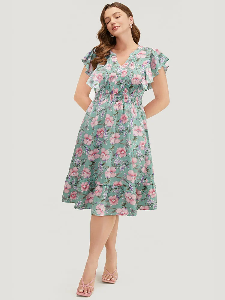 Floral Pleated Shirred Notched Pocket Ruffle Trim Shirred Dress sold by Bloomchic product image thumbnail 2