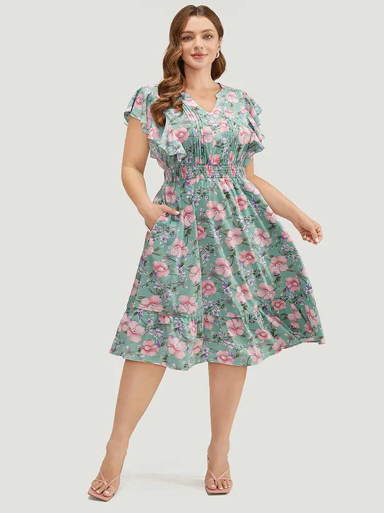 Floral Pleated Shirred Notched Pocket Ruffle Trim Shirred Dress sold by Bloomchic product image thumbnail 4