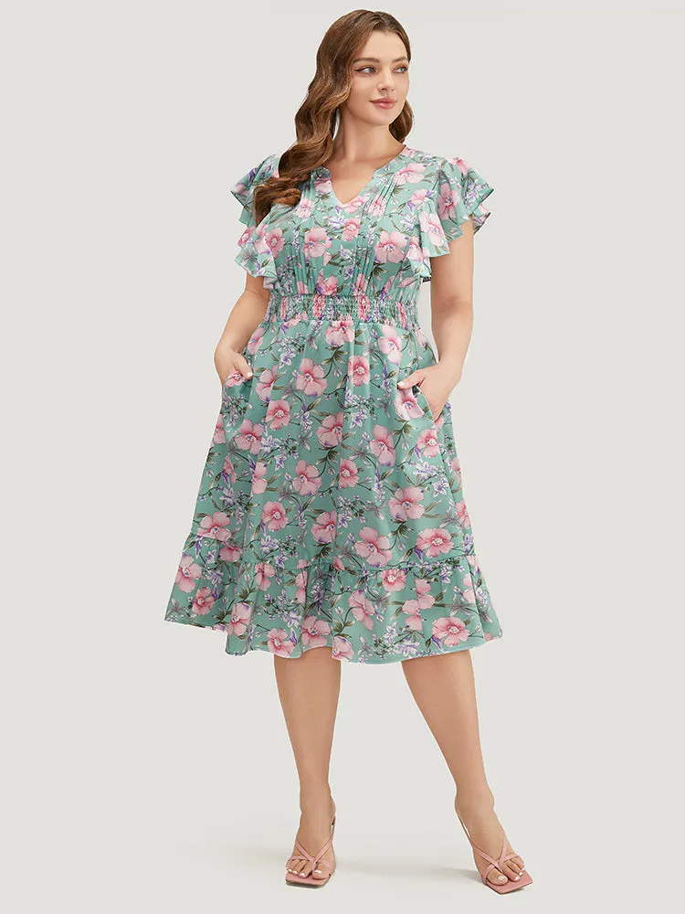 Floral Pleated Shirred Notched Pocket Ruffle Trim Shirred Dress sold by Bloomchic product image thumbnail 3