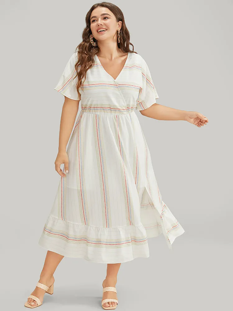 Striped Contrast Flutter Hem Dolman Sleeve Pocket Split Wrap Dress sold by Bloomchic