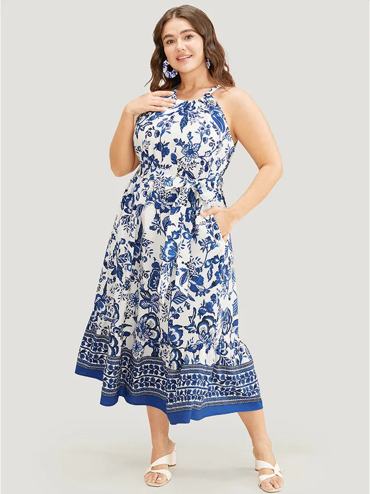 Bandana Print Knotted Flutter Hem Pocket Belted Halter Dress sold by Bloomchic product image thumbnail 3