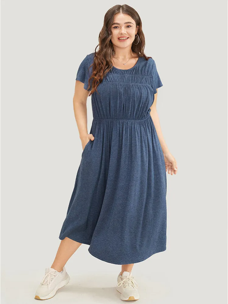 Plain Gathered Pocket Round Neck Ruffle Sleeve Dress sold by Bloomchic product image thumbnail 3