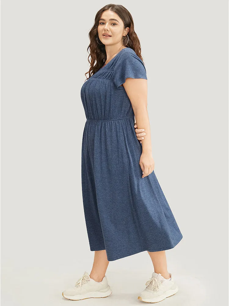 Plain Gathered Pocket Round Neck Ruffle Sleeve Dress sold by Bloomchic product image thumbnail 5
