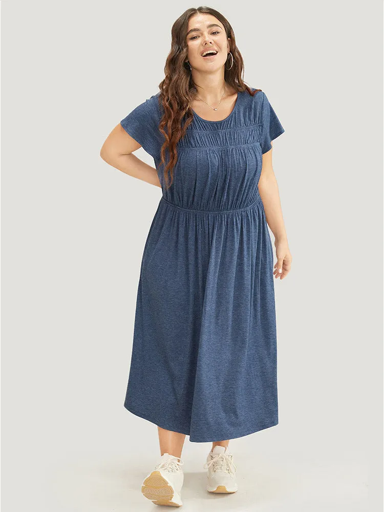 Plain Gathered Pocket Round Neck Ruffle Sleeve Dress sold by Bloomchic product image thumbnail 4