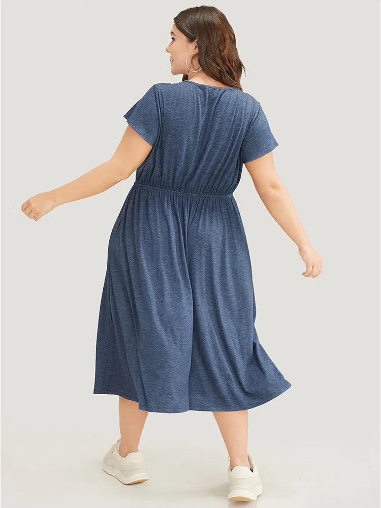 Plain Gathered Pocket Round Neck Ruffle Sleeve Dress sold by Bloomchic product image thumbnail 2