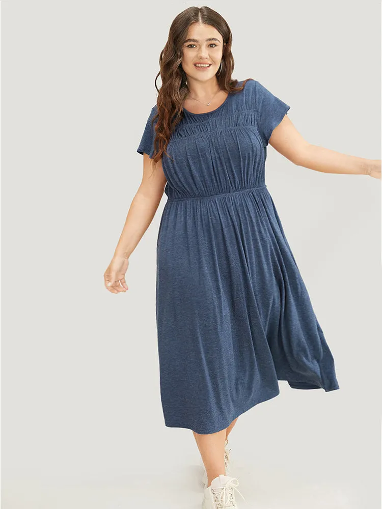 Plain Gathered Pocket Round Neck Ruffle Sleeve Dress sold by Bloomchic