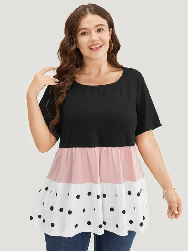 Colorblock Contrast Ruffle Tiered Polka Dot T-shirt sold by Bloomchic