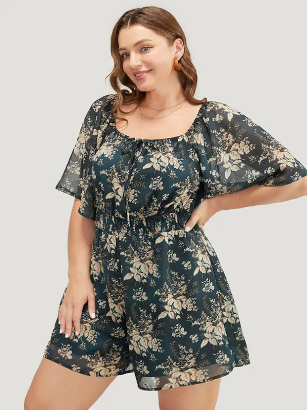 Floral Shirred Knot Square Neck Ruffles Romper sold by Bloomchic