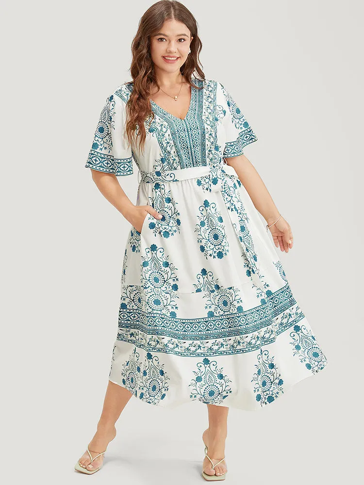 Bandana Print Ruffle Sleeve Pocket Belted Midi Dress sold by Bloomchic