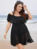 Plain Mesh Ruffle Trim Cold Shoulder Swim Dress sold by Bloomchic