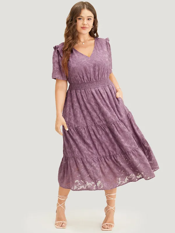 Plain V Neck Pocket Shirred Ruffle Tiered Floral Dress sold by Bloomchic