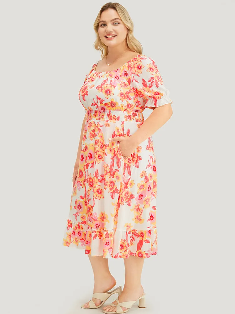 Floral Puff Sleeve Pocket Square Neck Shirred Dress sold by Bloomchic product image thumbnail 3