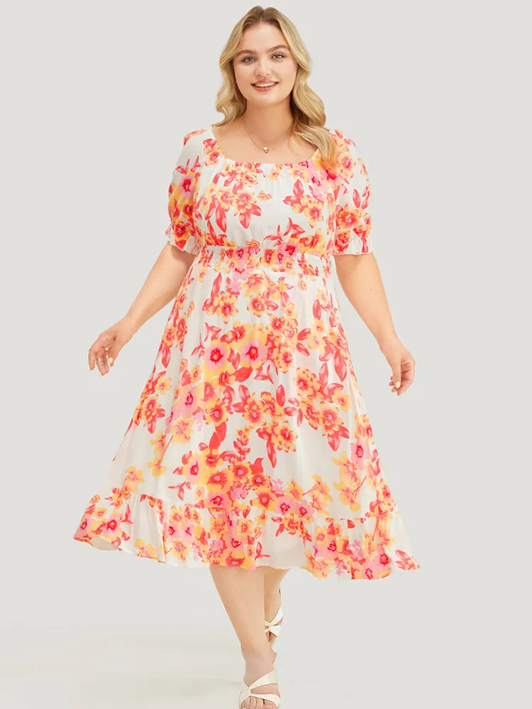 Floral Puff Sleeve Pocket Square Neck Shirred Dress sold by Bloomchic