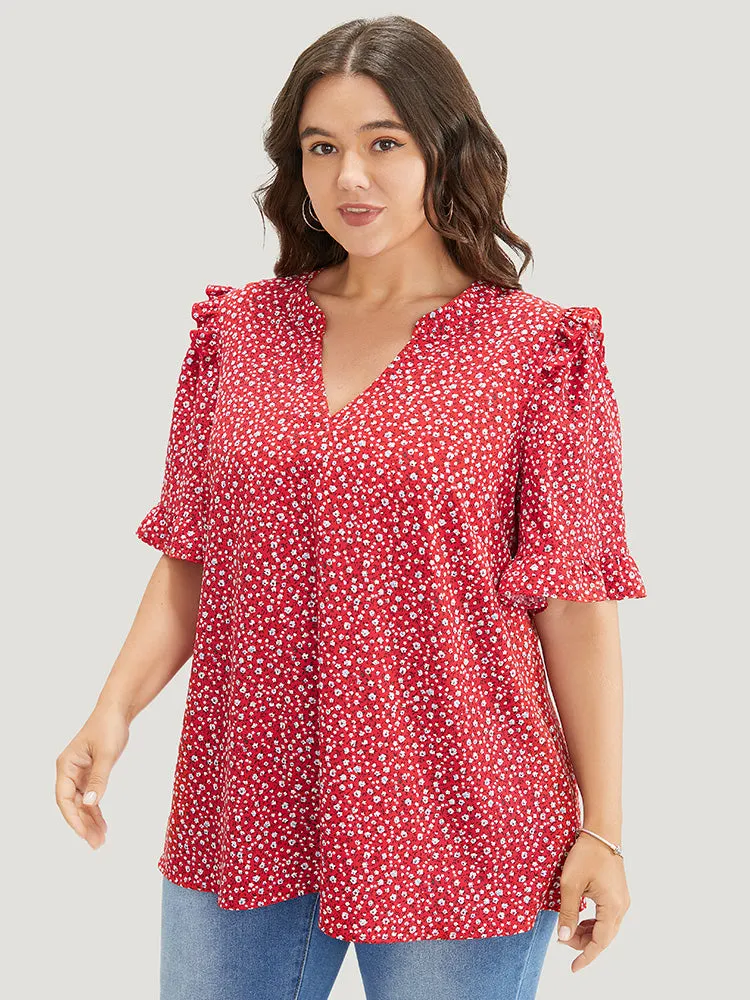 Ditsy Floral Frill Trim Ruffle Sleeve Notched Neck Blouse sold by Bloomchic product image thumbnail 3