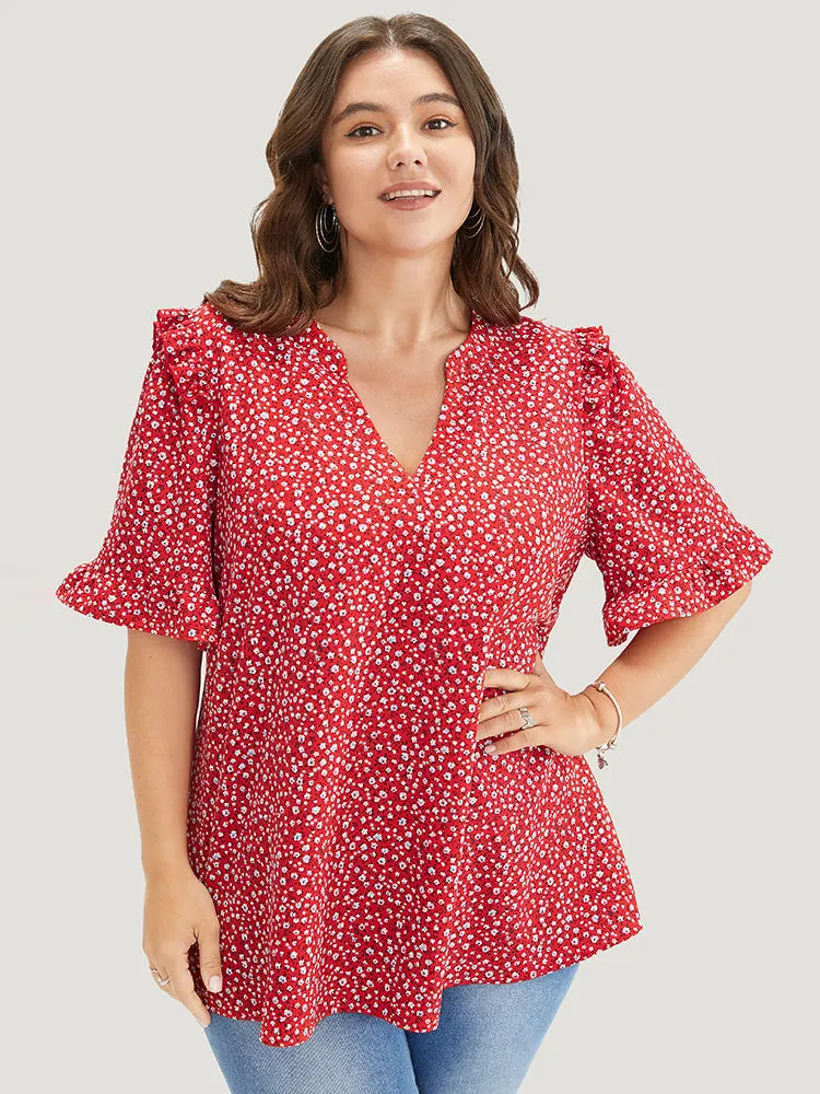 Ditsy Floral Frill Trim Ruffle Sleeve Notched Neck Blouse sold by Bloomchic product image thumbnail 4