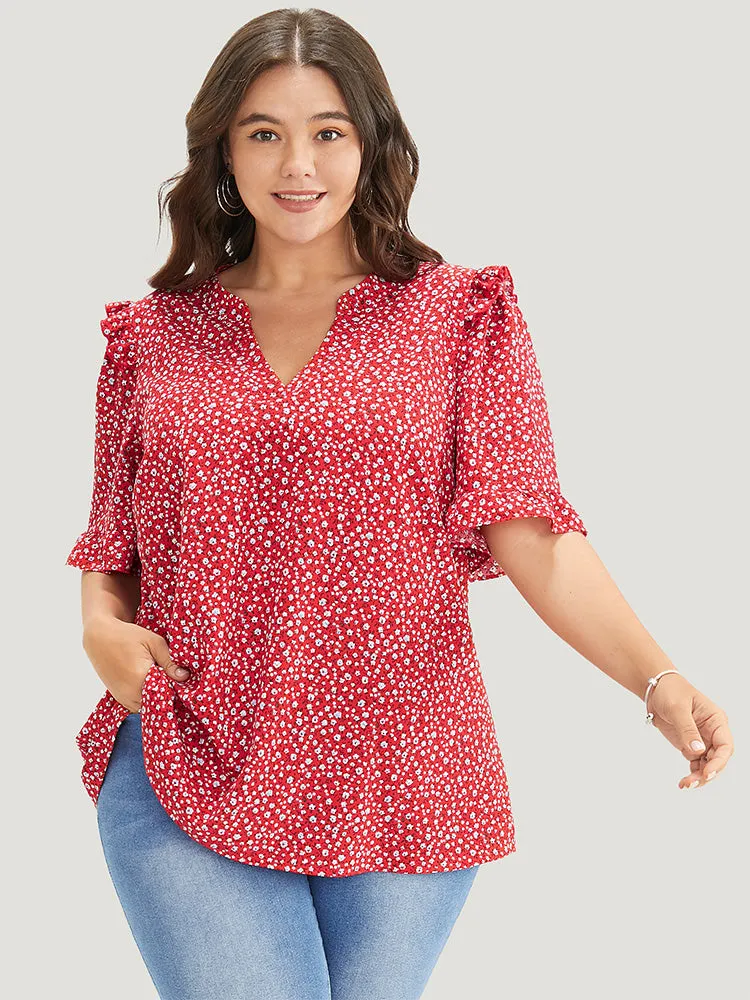 Ditsy Floral Frill Trim Ruffle Sleeve Notched Neck Blouse sold by Bloomchic