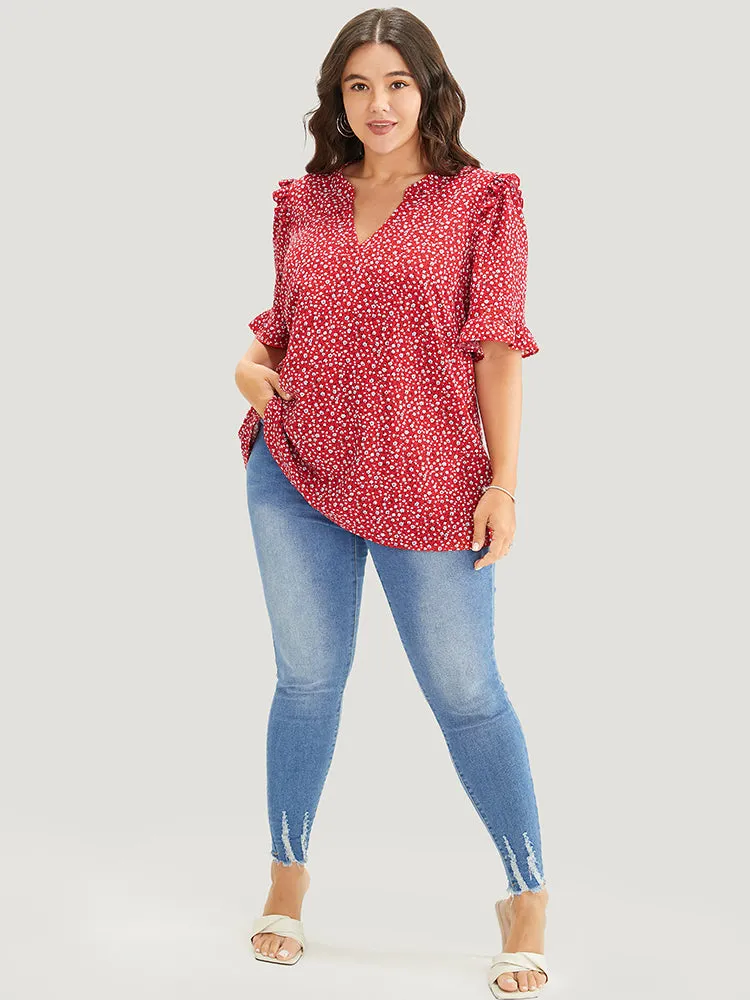 Ditsy Floral Frill Trim Ruffle Sleeve Notched Neck Blouse sold by Bloomchic product image thumbnail 5