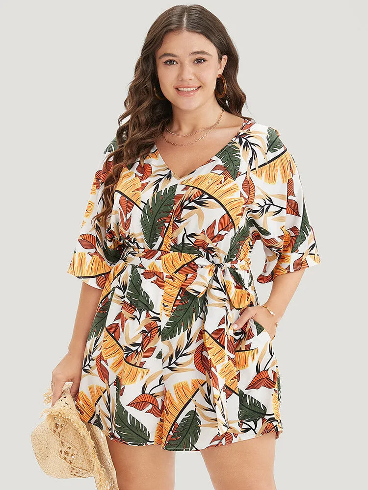 Tropical Print Batwing Sleeve Pocket Belt Romper sold by Bloomchic