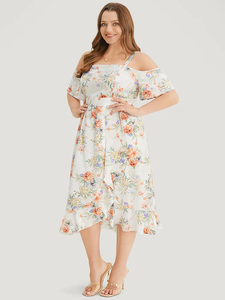 Floral Print Cold Shoulder Pocket Split Ruffle Trim Dress sold by Bloomchic product image thumbnail 2
