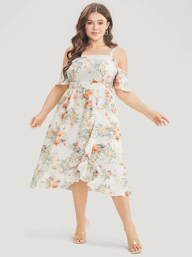 Floral Print Cold Shoulder Pocket Split Ruffle Trim Dress sold by Bloomchic